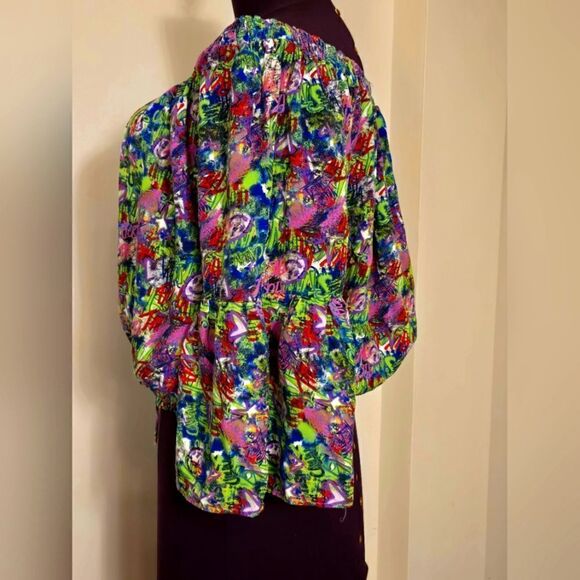 Rouge Helium Green and Purple Ruffled Smocked Blouse - Picture 4 of 6